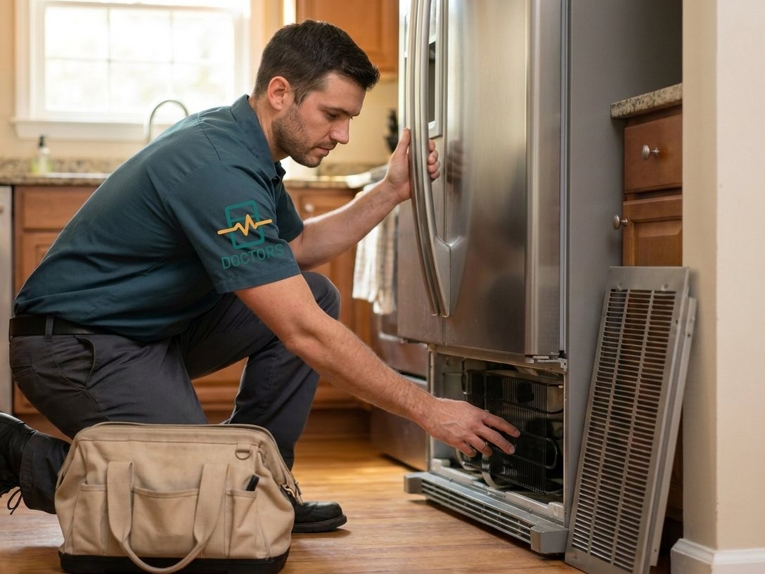 Appliance Repair Doctors technician diagnosing a refrigerator in an Atlanta home
