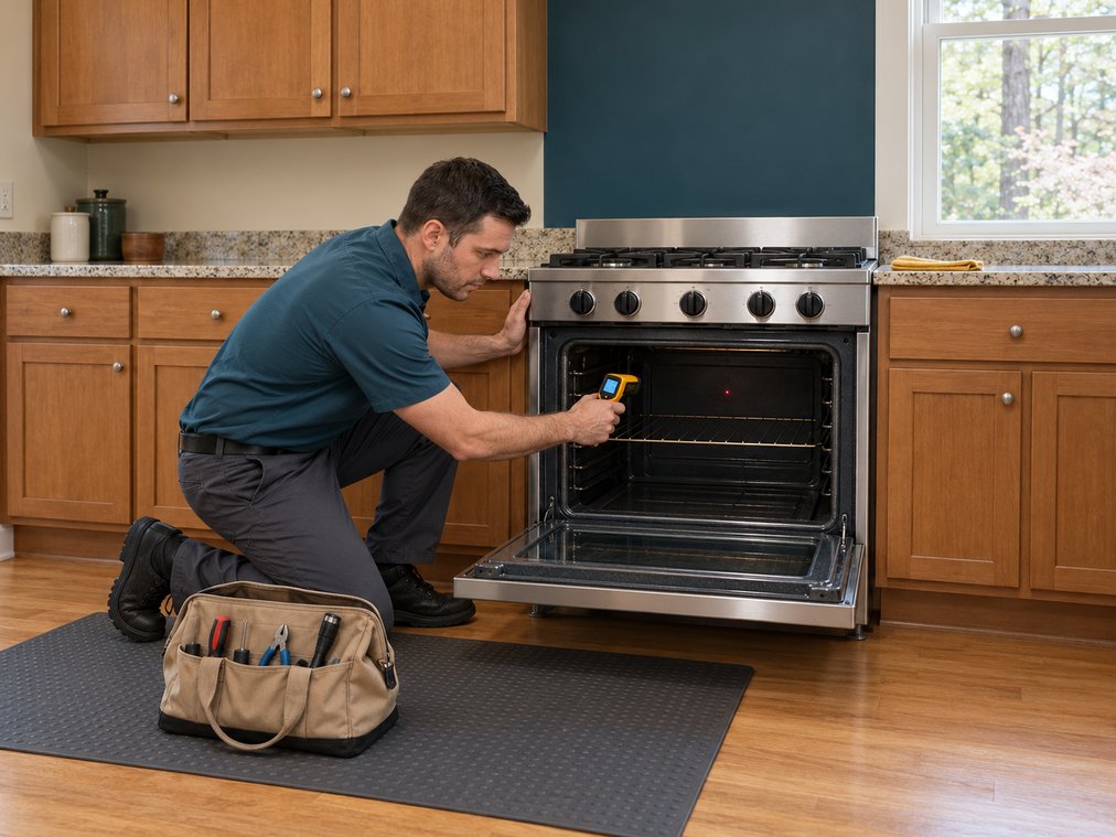 Technician checking an oven with an infrared thermometer