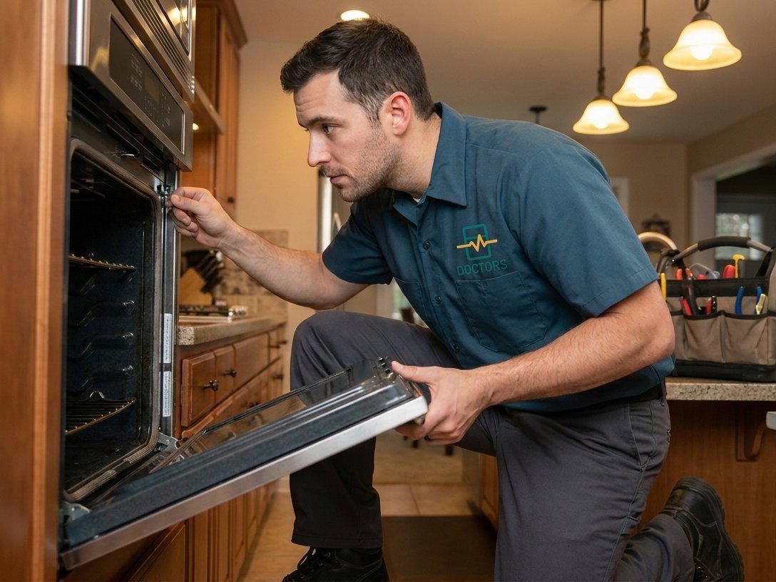 EPA 608-certified technician inspecting an oven door